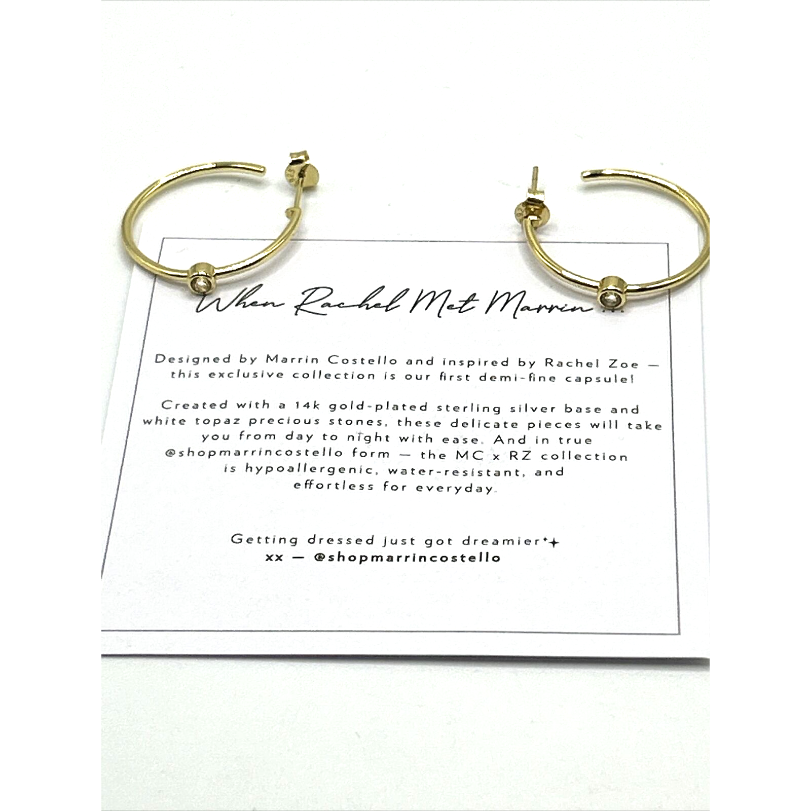 Marrin Costello Hoop Earrings 14k Gold Plated Mystique White Topaz Stone Nwt
